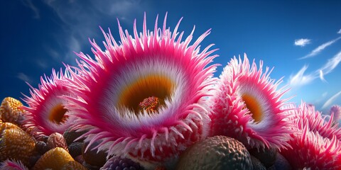 Vibrant pink and white flowers against a bright blue sky.  A stunning natural scene.