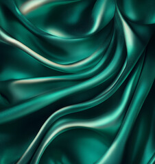 Obraz premium Emerald and black silk satin background. Smooth drapery with shimmering glitter and soft gradient shadows. Luxury blank design template.