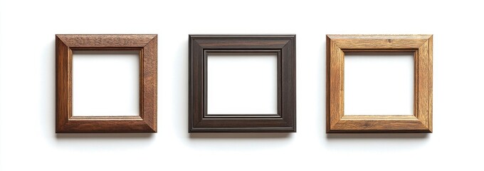 Three Square Wooden Picture Frames: A minimalist and elegant display of three wooden square picture frames in brown, black, and wood tones.