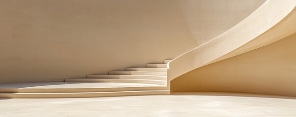 A minimalist staircase curves gracefully against a smooth, neutral-toned wall, creating a serene and elegant architectural space.