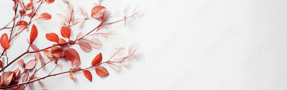 Poster minimalist composition of amber and pink foliage blending into soft white background for a tranquil 