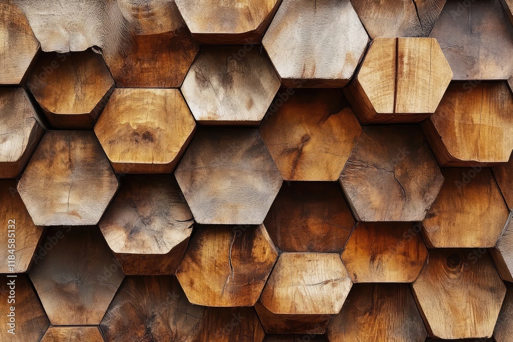 Poster wooden textures highlighted with hexagonal patterns, merging nature with geometry.