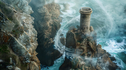 A wizard’s tower surrounded by swirling magical energy, perched precariously on the edge of a jagged cliff 