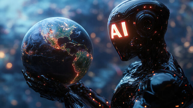 A black robot with artificial intelligence, the letters AI on its head, holding the planet earth in its hands, taking control over the world