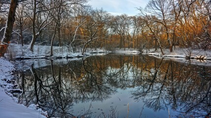 Obraz premium A serene winter lake reflecting the surrounding snow-covered trees.