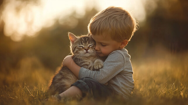 Little toddler boy hugging the cat, sitting together in the grass outdoors on a sunny summer or spring day. pet and male kid or child love and care, domestic kitten animal owner, adorable kitty.