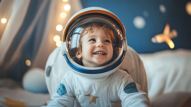 Naklejki Little toddler boy with happy face expression wearing a cosmonaut or astronaut helmet, looking at the rocket flying into the universe, child or kid imagination and playing in his room.