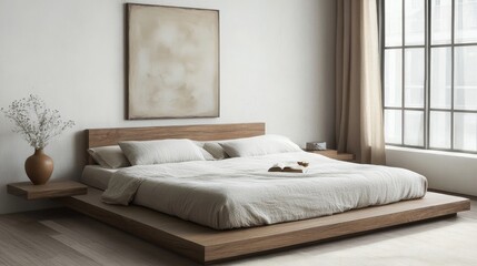 A modern minimalist bedroom with a low bed, neutral bedding, and a single piece of abstract art hanging above the headboard.