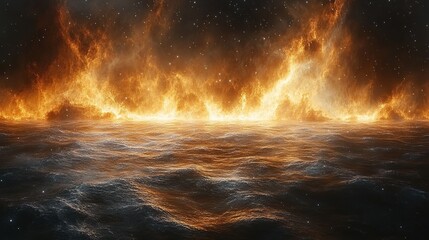 Fototapeta premium A dramatic scene depicting fiery waves against a dark, starry backdrop.