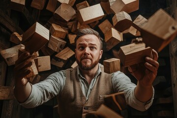 Worker stacking wooden blocks to create a motivational message