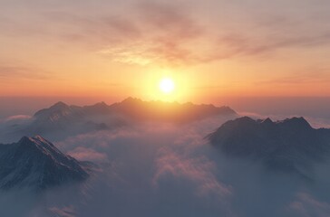 A mountain range with a sun in the sky