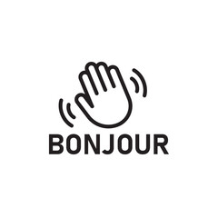 Bonjour text with hand wave icon Simple thin outline © Krupal