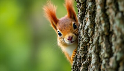 Adorable Red Squirrel Peeking from a Tree Trunk