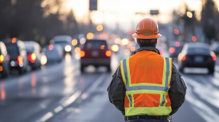 Fototapeta premium A proactive traffic control officer managing traffic at a construction zone, expertly coordinating vehicles while ensuring the safety of workers and drivers alike.