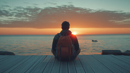 Rearview of a man with a backpack sitting on a wooden deck and watching the sunset over the island sea or ocean water. summer travel freedom landscape, copy space, carefree tourist calm horizon.