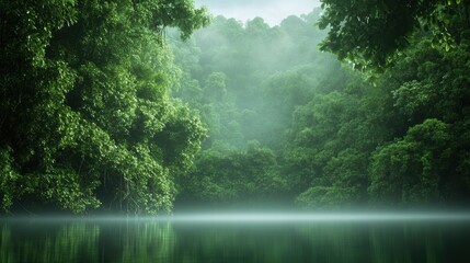 A Wide View of a Misty Tropical Island Landscape Surrounded by Lush Green Foliage and Calm Waters under a Humid Atmosphere