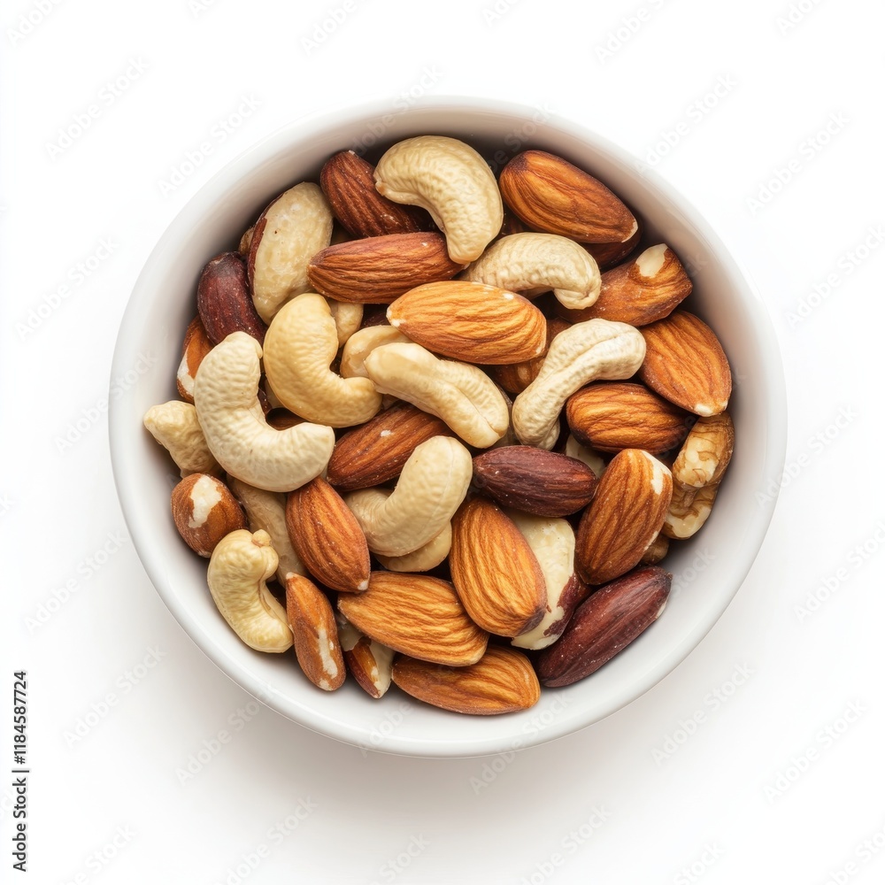 Poster Mixed nuts in a white ceramic bowl on a plain white background displaying a variety of textures and colors