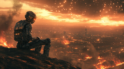 Robot sitting on a hill, watching the end of the world apocalypse. armageddon destruction and explosion, fire meteorites sky, dramatic cataclysm, destroyed city buildings. fiction dystopia, copy space