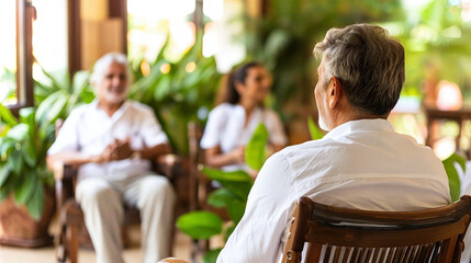 Calm therapist sitting in a serene therapy room with a soft-lit couch and a potted plant, symbolizing mental health support and emotional healing for depression.