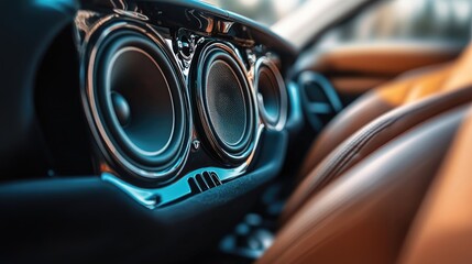A shot of a car's sound system, highlighting the speakers in the back seat, with a focus on the details.