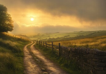 A road with a fence on the side and a sun in the sky