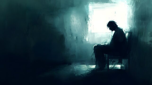Somber Reflection of Solitude in a Dimly Lit Room Captures the Essence of Isolation, Contemplation, and Emotional Depth in a Striking Artistic Representation