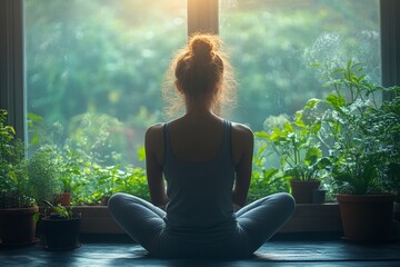 Woman performing breathing exercises by a window with a view of greenery