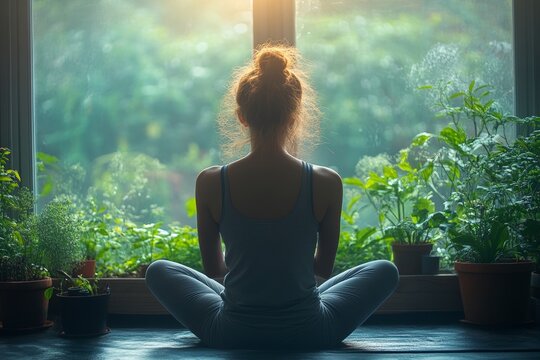 Woman performing breathing exercises by a window with a view of greenery