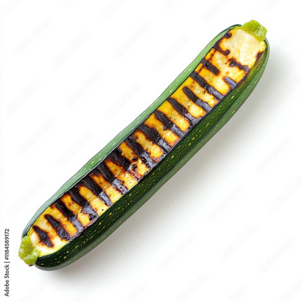 Poster Grilled zucchini spear with char marks on a clean white background showcasing its glossy texture and vibrant color