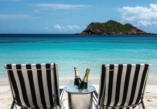 Two champagne bottles are on a table next to two beach chairs - Powered by Adobe