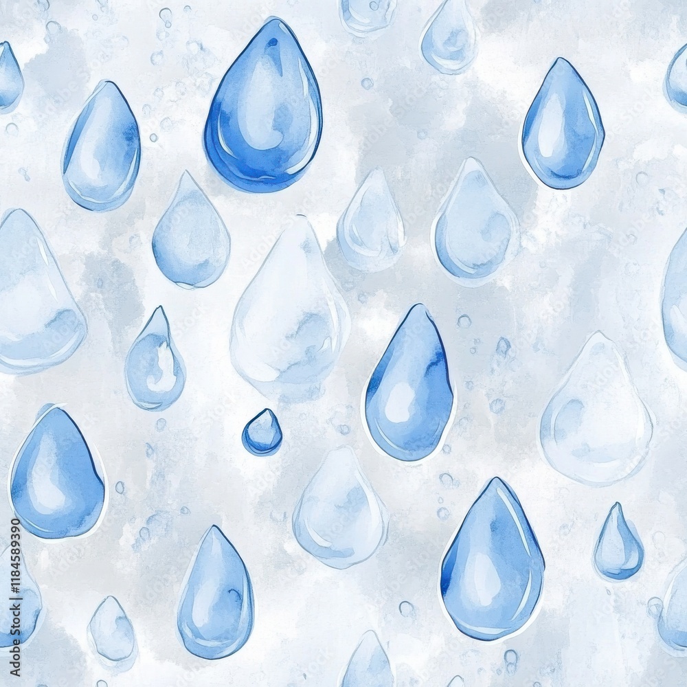 Aufkleber serene watercolor doodle pattern of soft blue water droplets on light gray background creating a soo