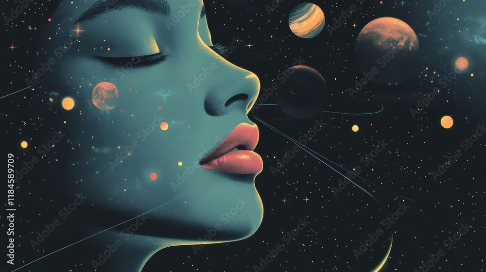 Aufkleber woman's face illuminated by glowing planetary systems and a crescent moon's reflection