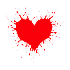 Red splatter forming a heart shape, with sharp edges and scattered droplets, on a white background, symbolizing love and creativity