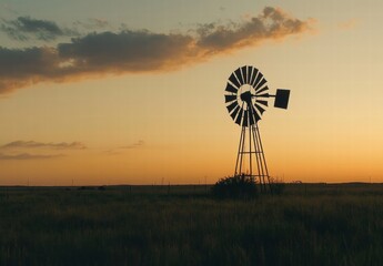 A windmill is standing in a field at sunset