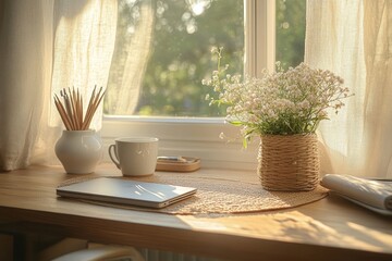 Simple organized desk with a plant for a minimalist and peaceful workspace