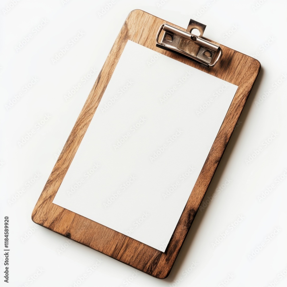 Poster polished wooden clipboard with blank sheet of paper on white background for notes or creative projec