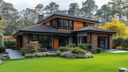 Modern two-story house surrounded by landscaped gardens and greenery.
