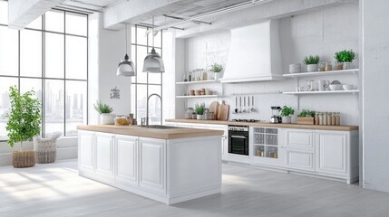 A spacious minimalist kitchen with white cabinets, a wooden island, and modern pendant lighting above.