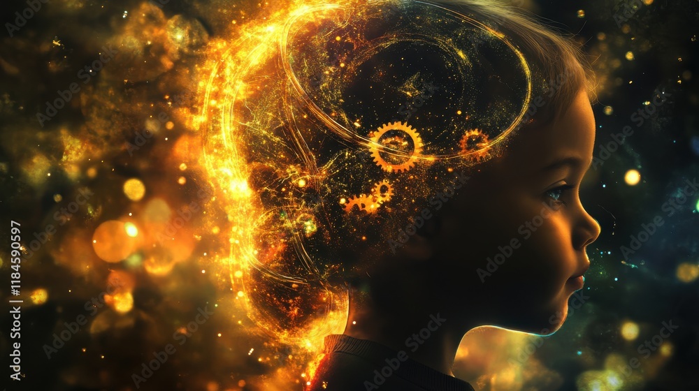 Aufkleber mystical child silhouette filled with glowing gears depicting the fusion of humanity and technology 