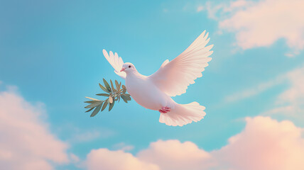 Illustration of a white dove in flight, carrying an olive branch against a radiant blue sky with soft clouds