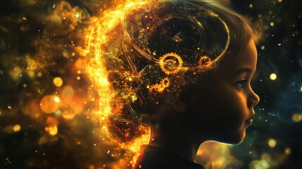 Obraz premium Mystical child silhouette filled with glowing gears depicting the fusion of humanity and technology in a surreal setting