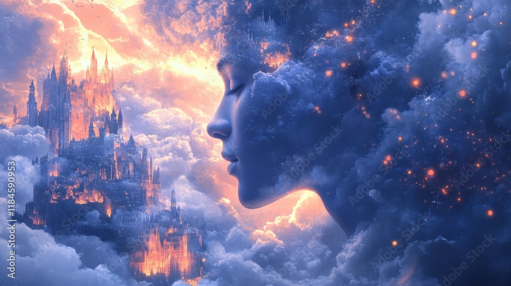 Aufkleber mystical profile of a man filled with glowing castles and mythical creatures in a dreamlike cloudsca