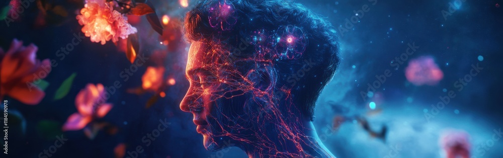 Poster Mystical profile of a man illuminated by mechanical flowers and vibrant neural connections in a cosmic landscape