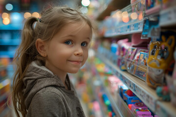 Generative AI image of a cheerful child enjoying a visit to a colorful toy store