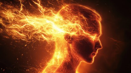 Mystical profile of a man radiating electric sparks and dynamic energy in a powerful display of raw strength