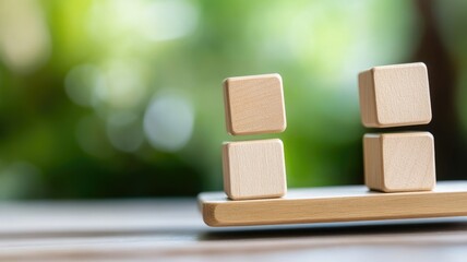Wooden blocks on balanced scale with green blurred background