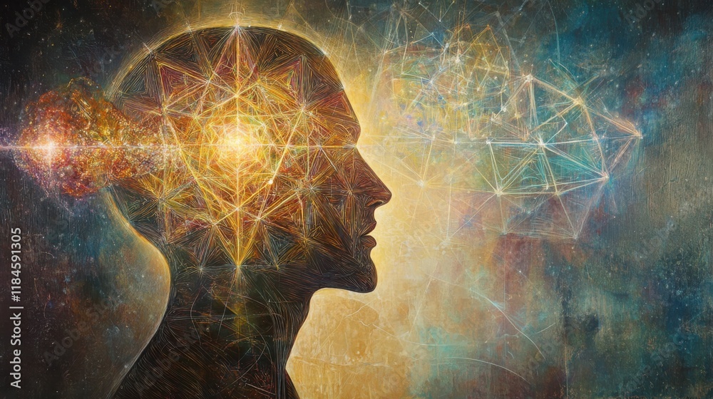 Poster mystical profile of a man illuminated by glowing geometric shapes and radiant symmetries in a vibran