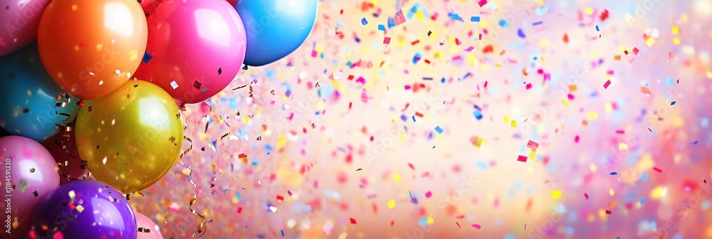 Aufkleber colorful balloons and confetti create a festive atmosphere for joyful celebrations in a cheerful set