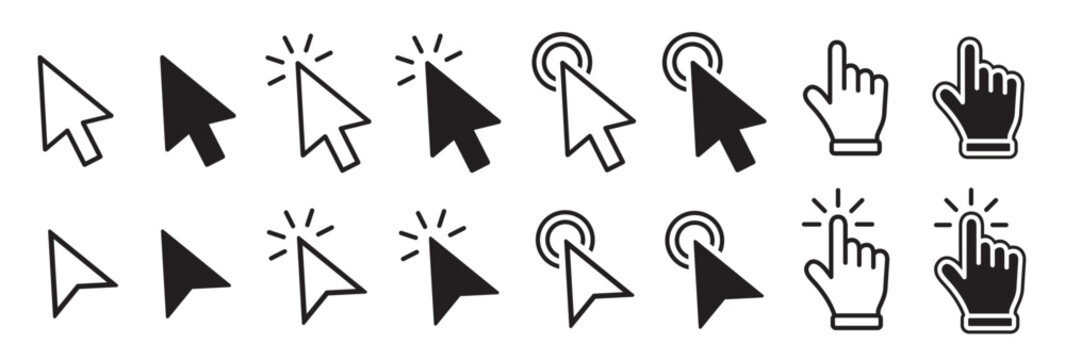 Ensemble d'ic&ocirc;nes de curseurs. Curseurs fl&egrave;ches de s&eacute;lection et curseurs de mains de s&eacute;lection. Illustration vectorielle.
