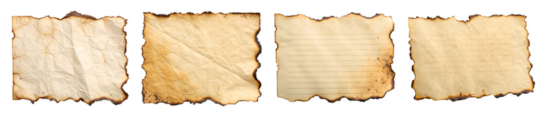 Set of burnt paper sheets. The collection of textures with four sheets of old paper, without background. 